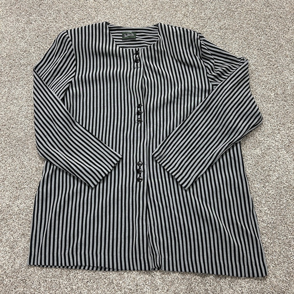 For You One Blouse Womens 1X Black Striped Round Neck Long Sleeve Tunic Made USA